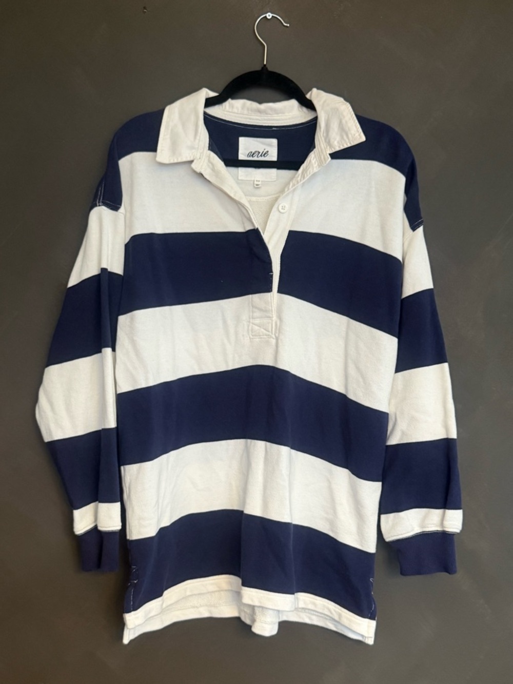 aerie Navy and White Striped Long Sleeve Rugby Tee